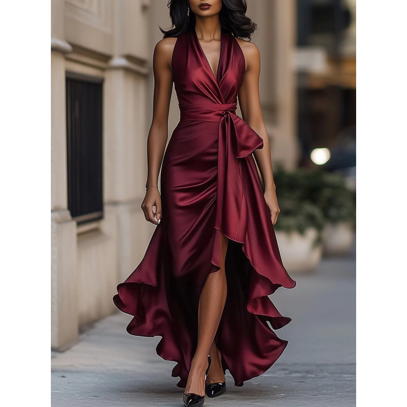 Satin V-Neck Sleeveless Ruched Ruffle Dress