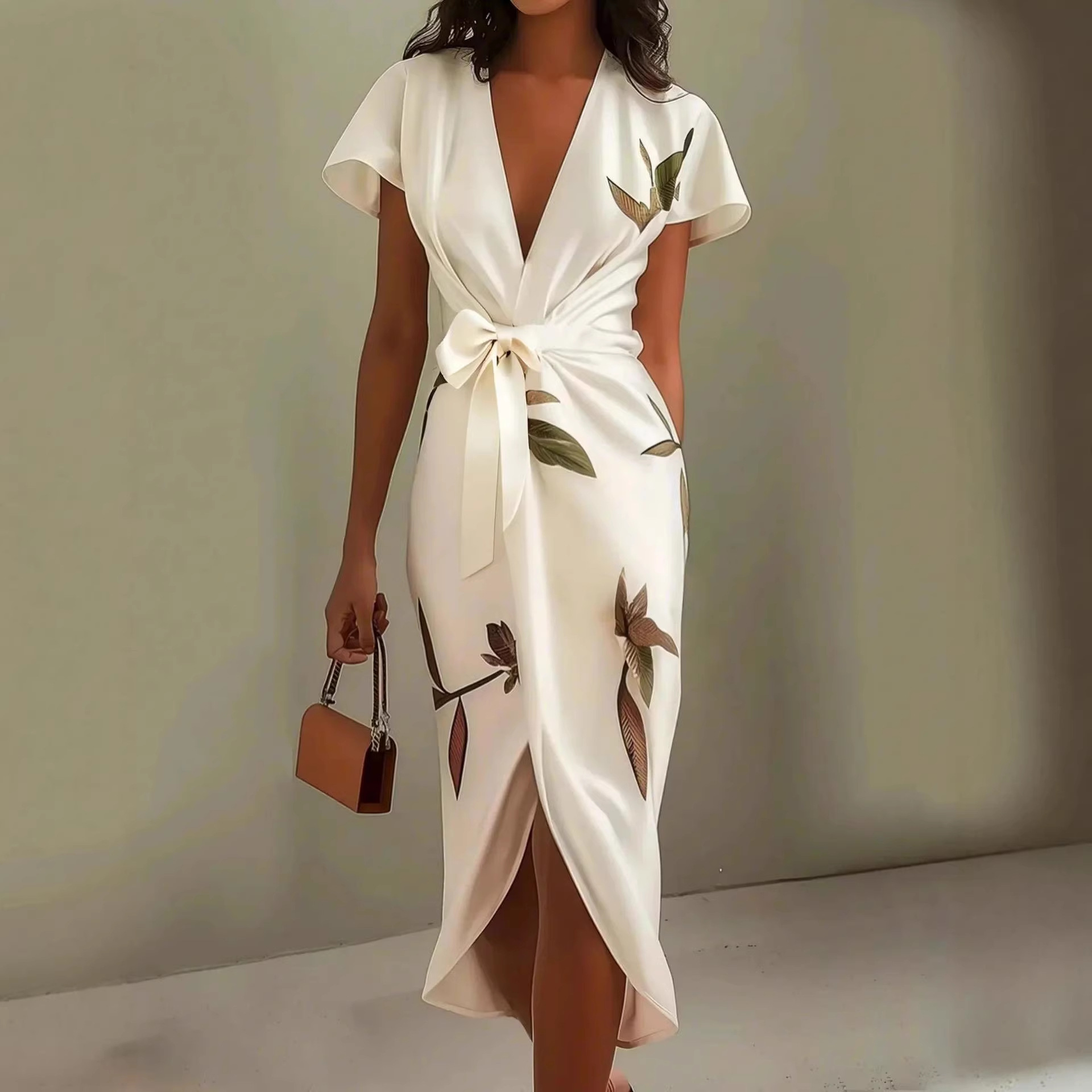 Women's Deep V-Neck Short Sleeve Tie-Front Digital Print Midi Dress