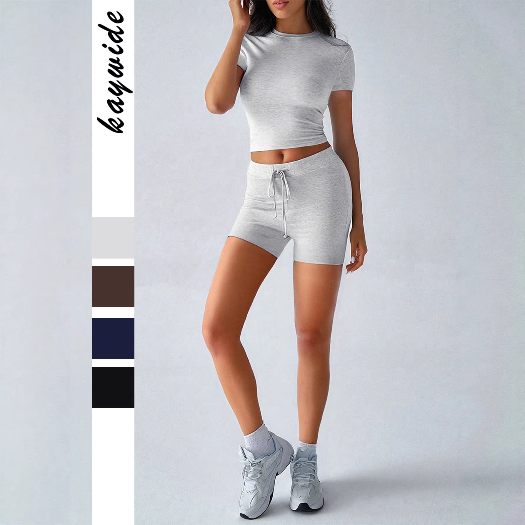 Women's Solid Color Short Sleeve Tie Shorts Yoga Set