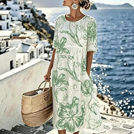 Women's Floral Print Midi Dress with Pockets