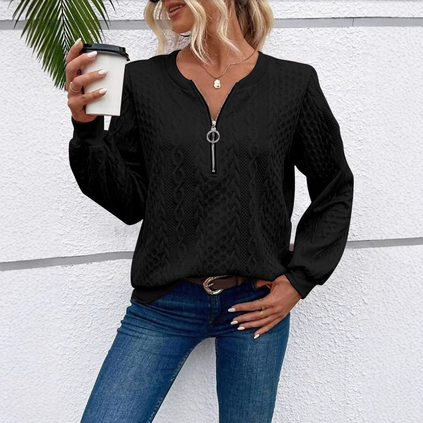 Women's Casual Pullover Sweatshirt with Zip and Crew Neck Long Sleeve