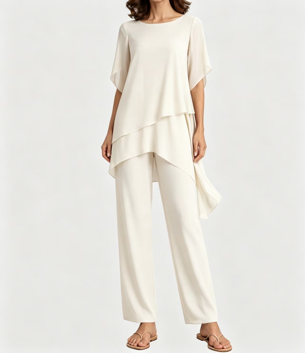 Women's Chiffon Short Sleeve Solid Color Loose Irregular Two-Piece Pant Set