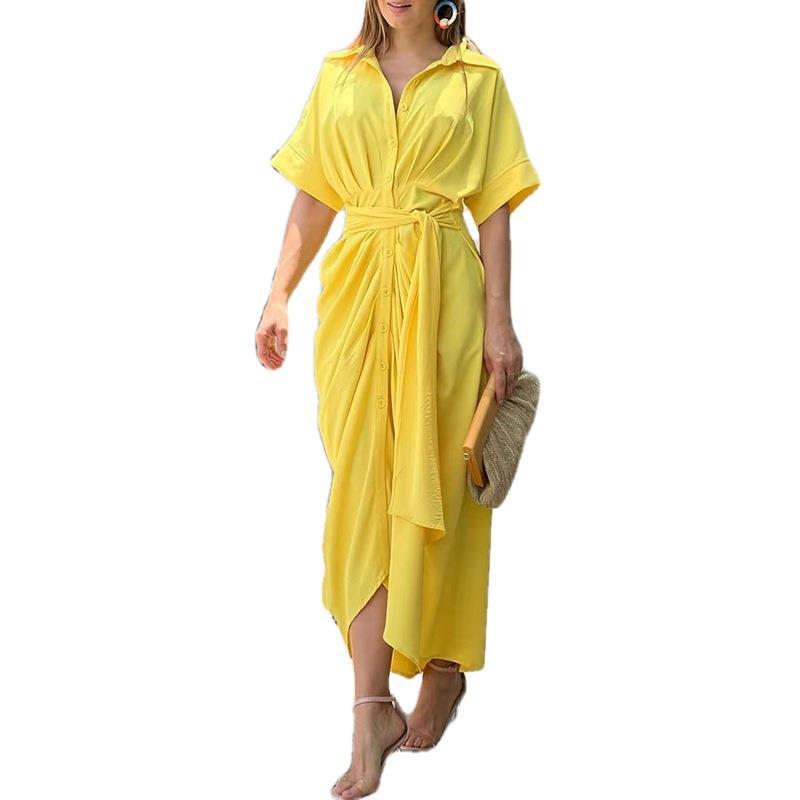 Elegant Solid Color Tie-Waist Single-Breasted Dress