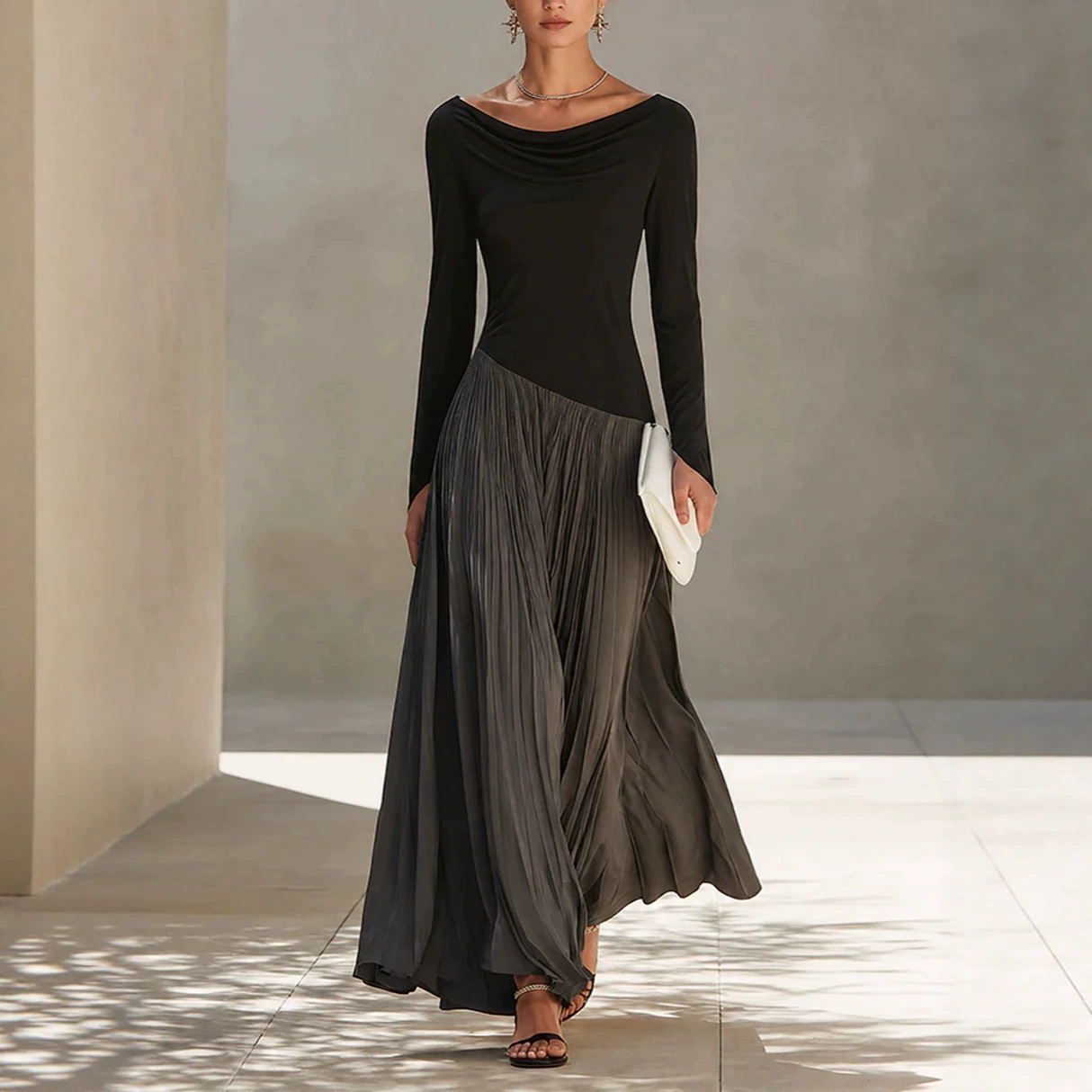 Minimalist Color-Block Draped-Neck Long Dress