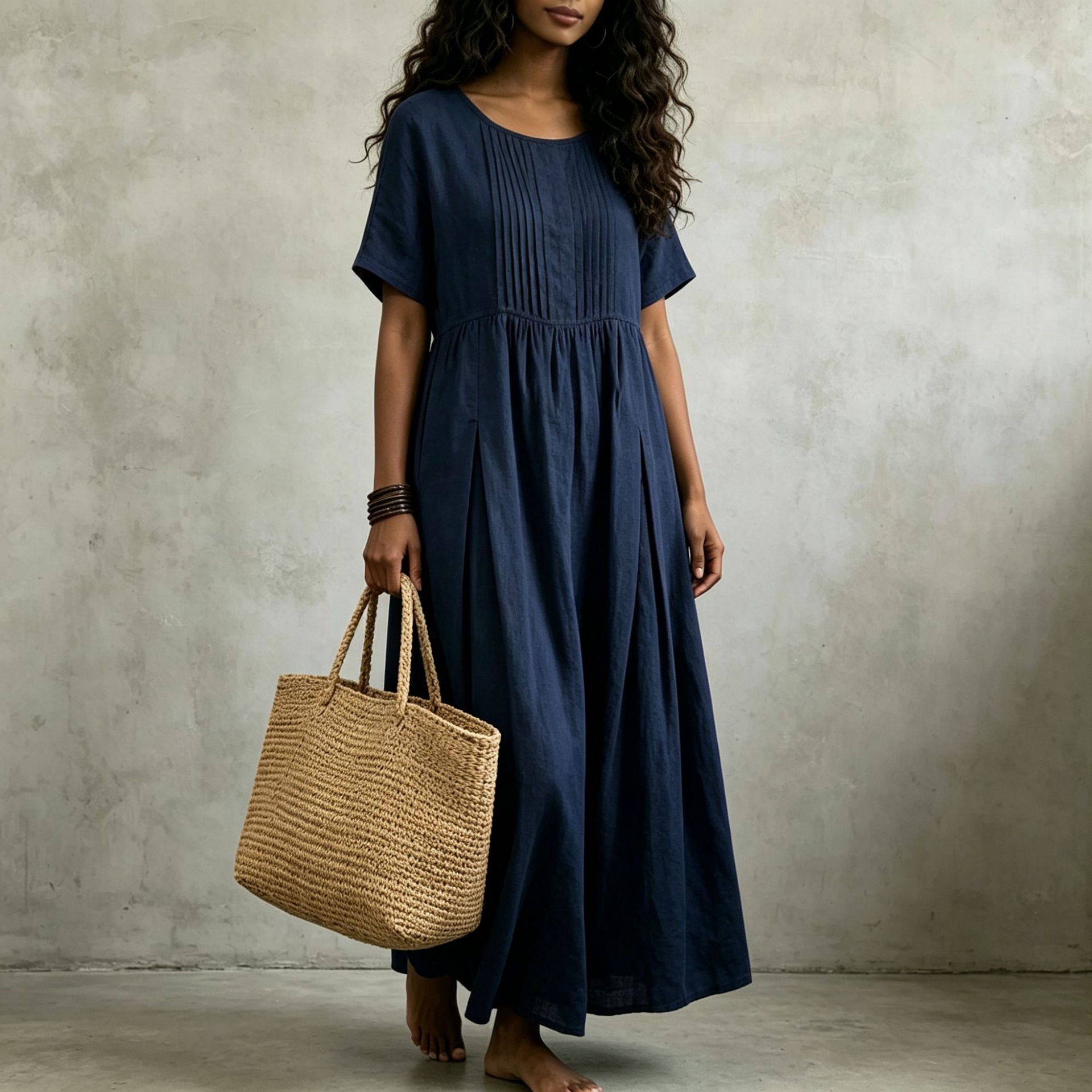 Women's Cotton Linen Short Sleeve Midi Dress Pleated Loose Solid Color