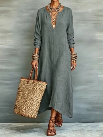 Retro Solid Deep V-Neck Long Sleeve Loose Maxi Dress