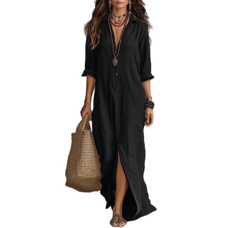 Casual Vacation Dress Solid Color French Long Dress