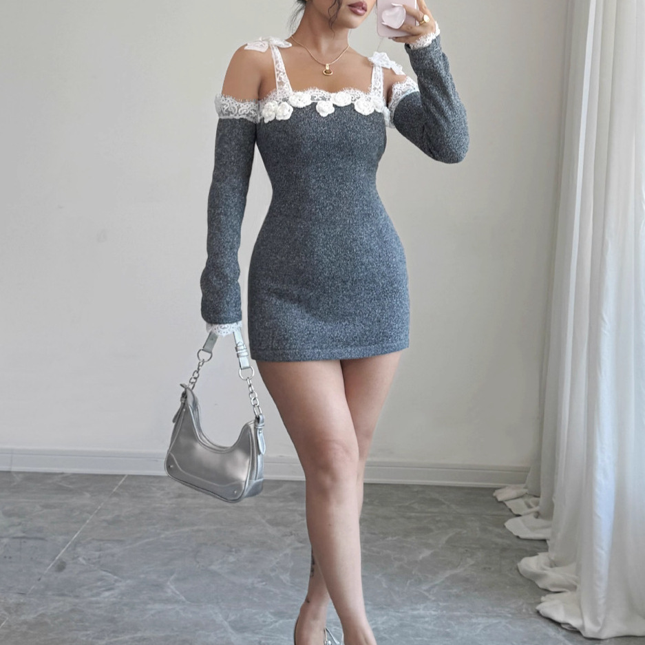 Women's Knit Sweater Dress with Lace Trim and Hand-Crochet Off-Shoulder Detail
