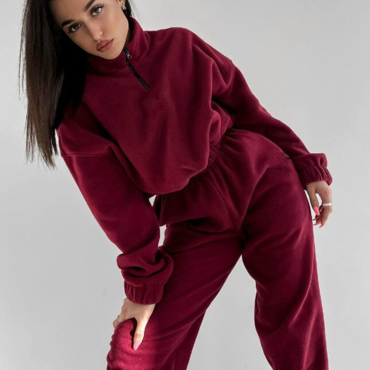 Women's Casual Loose Zip-Up Stand Collar Sweatshirt Two-Piece Set