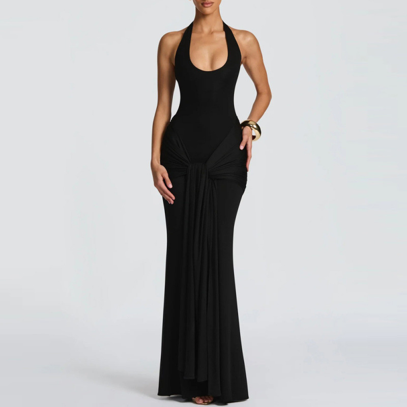 Women's Ribbon Spliced Halter Bodycon Long Dress