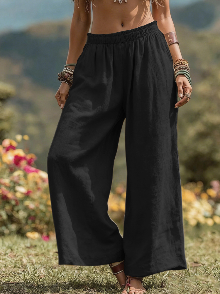 Women's Solid Color Wide-Leg Cotton Linen Pants with Pockets