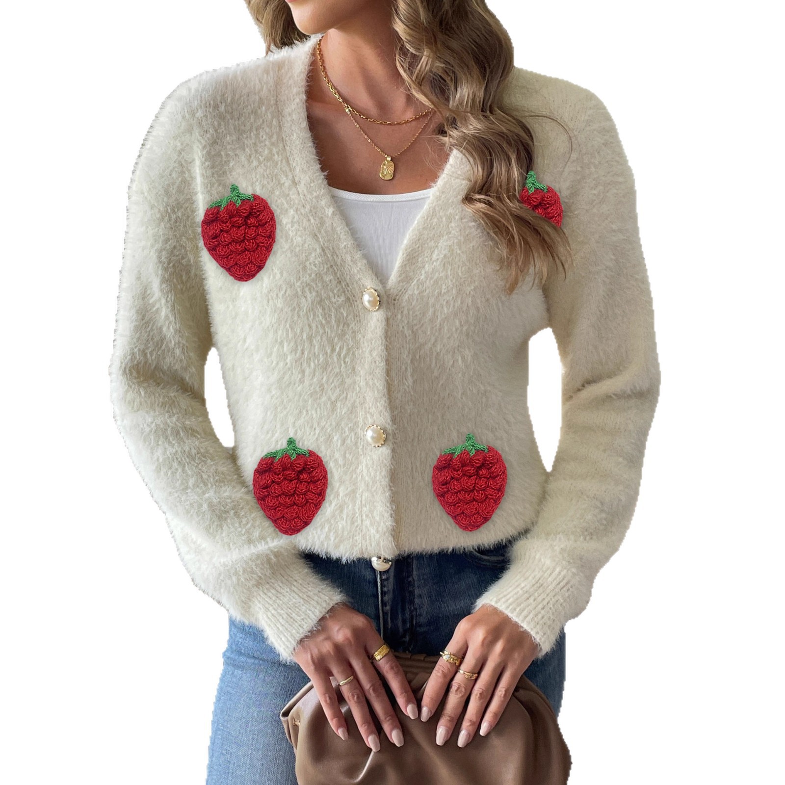Women's Faux Mink Cardigan with Pearl Buttons & Strawberry Embroidery