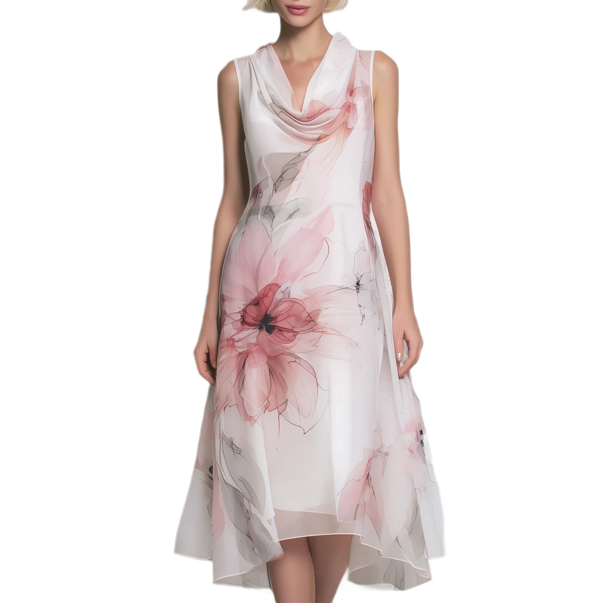 Women's Draped Cowl Neck Chiffon High Waist Flowy Maxi Dress