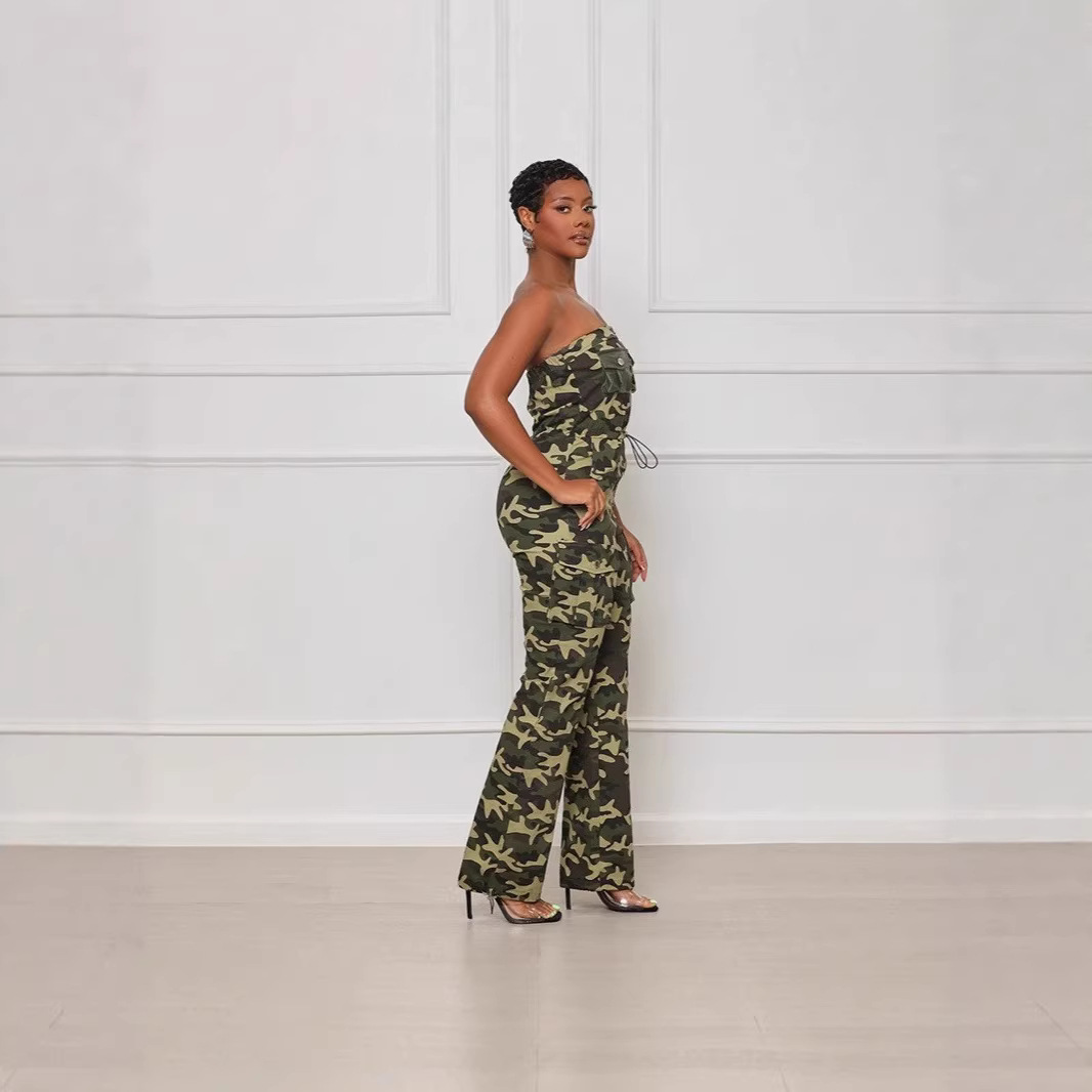 Women's Off-Shoulder Camo Jumpsuit with Elastic Waist and Zip