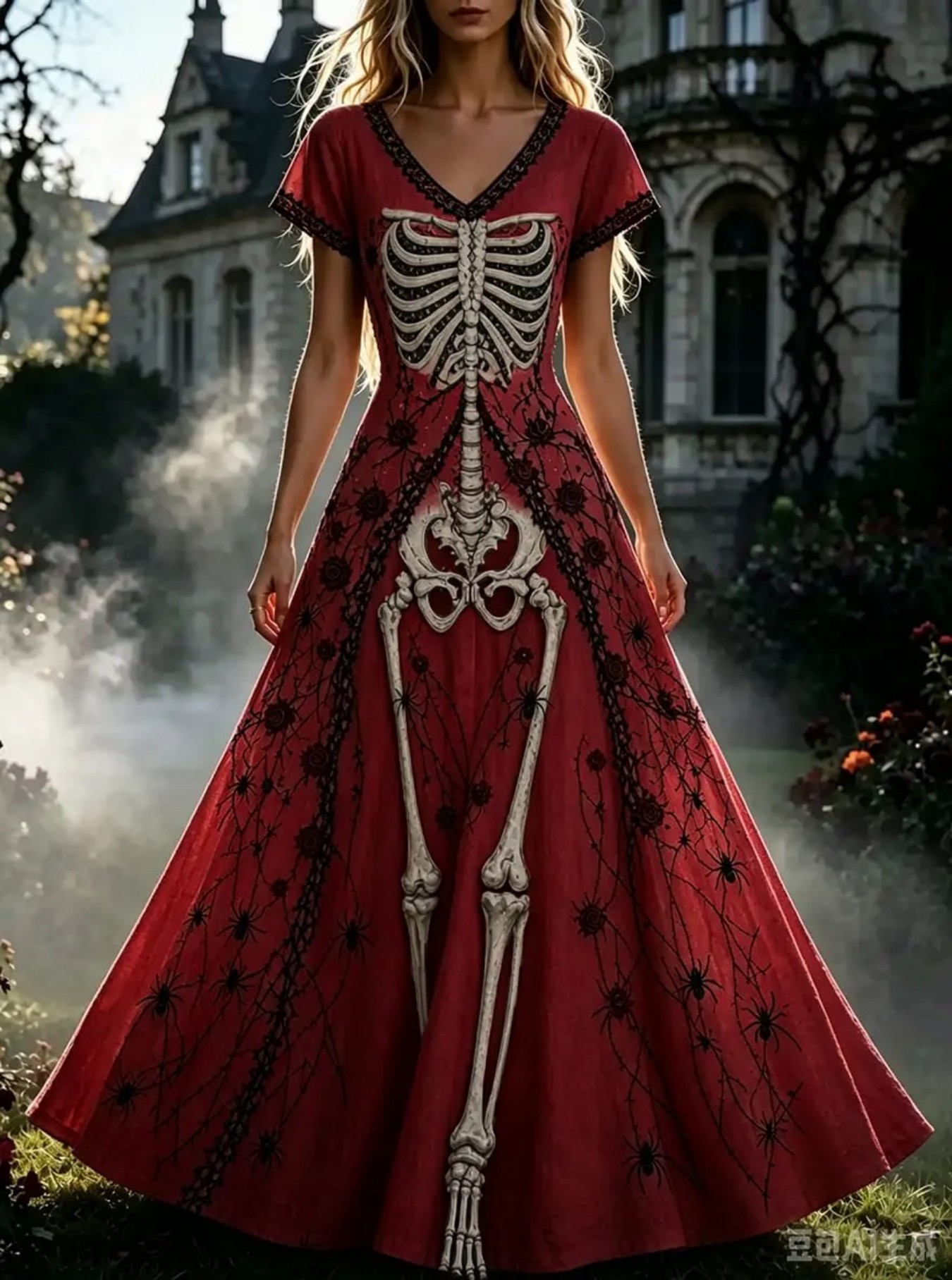 Women's Floral Skeleton Halloween Print Casual Midi Dress