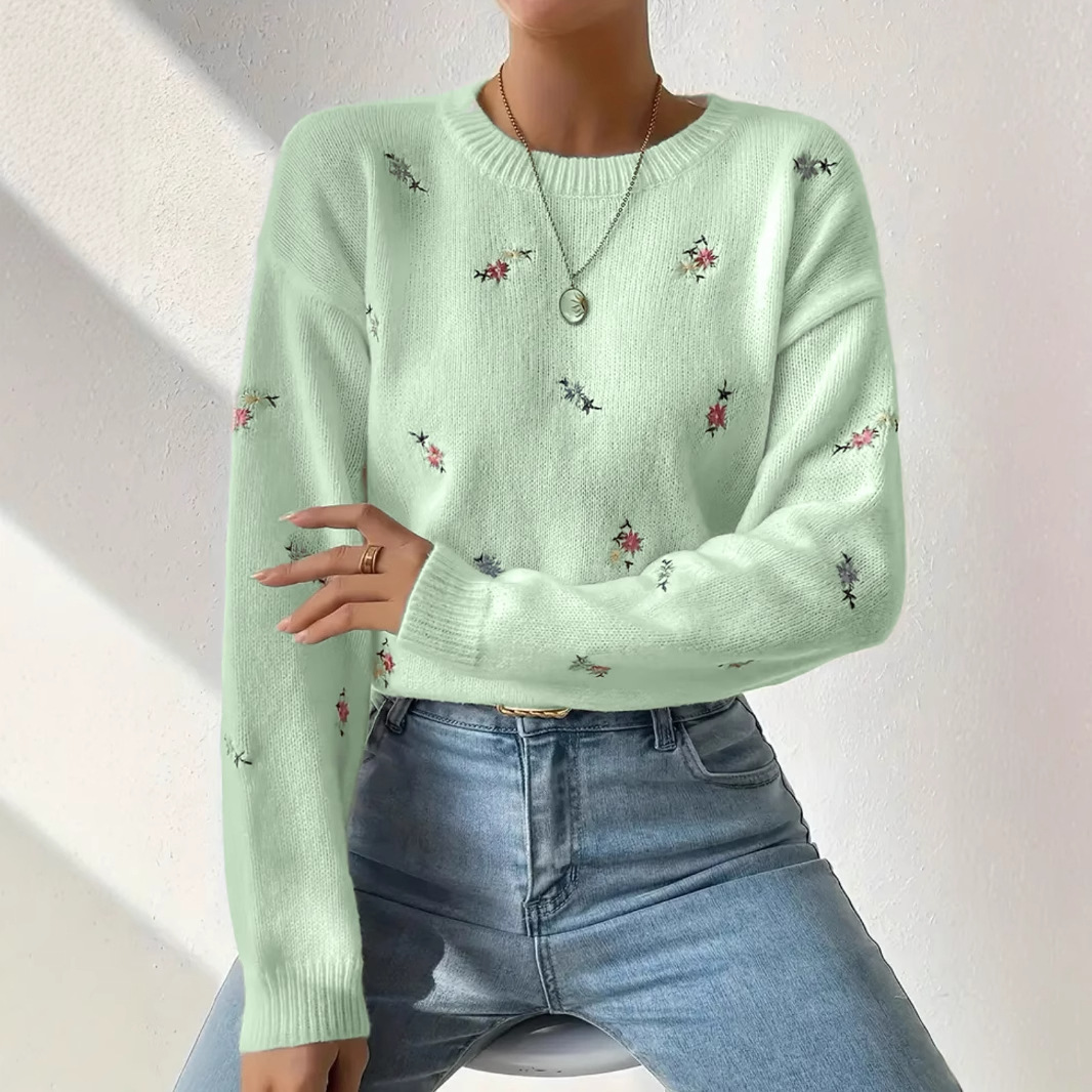 Korean-Style Soft Knit Round-Neck Pullover Sweater Loose Floral Embroidered Top