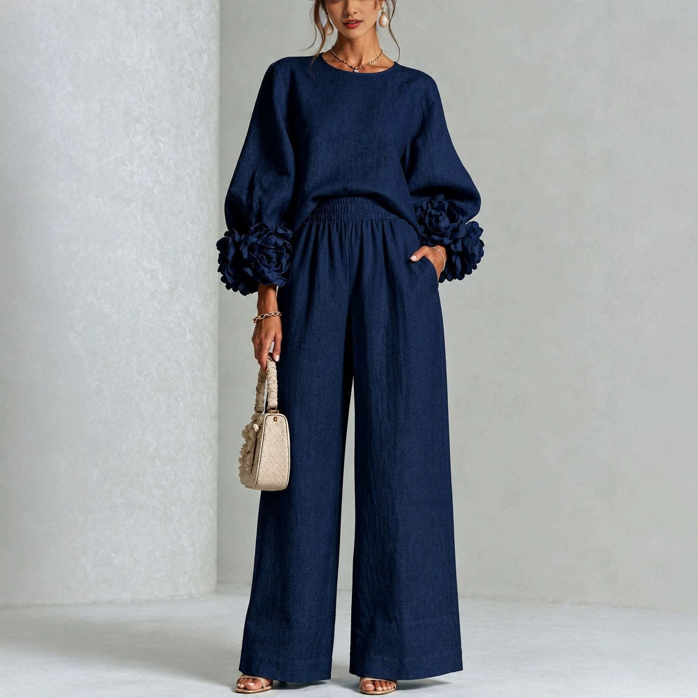 Women's Two-Piece Long Sleeve Floral Cuff Wide-Leg Pants Set Casual Commuter