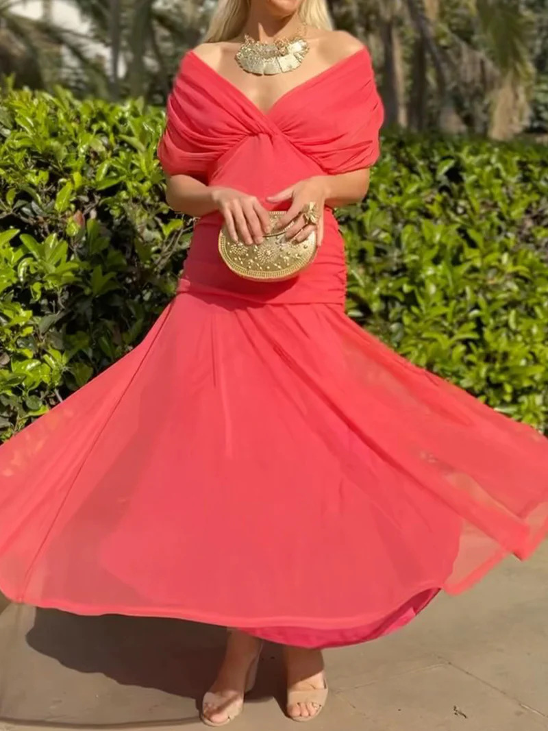 Elegant Solid Deep V-Neck Waist-Cinched Mesh Dress