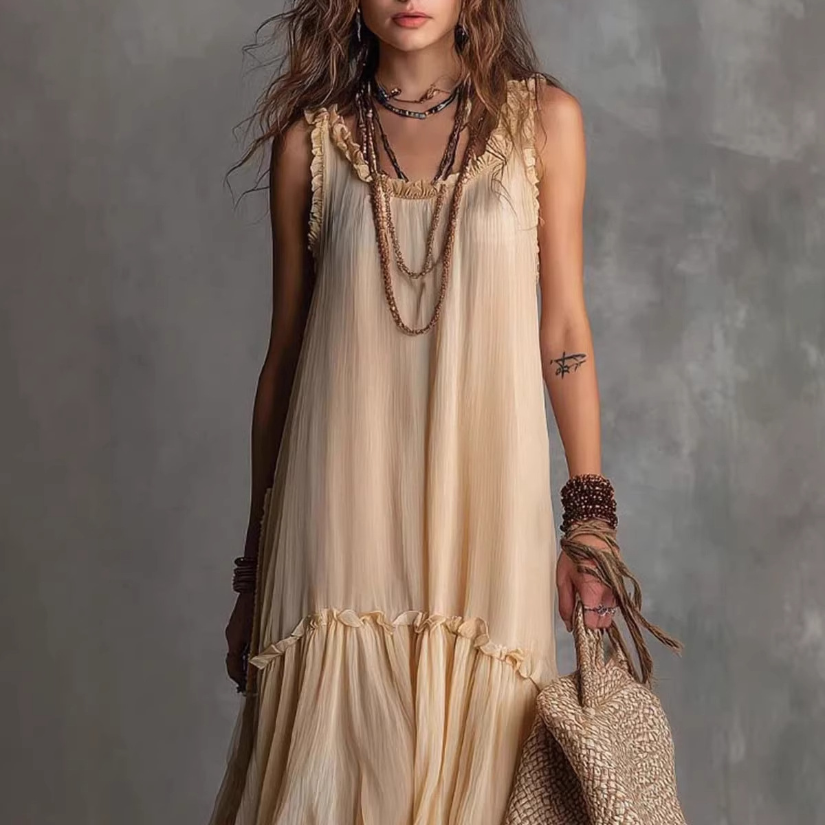 Women's Sleeveless Pleated Maxi Dress with Ruffled Neckline