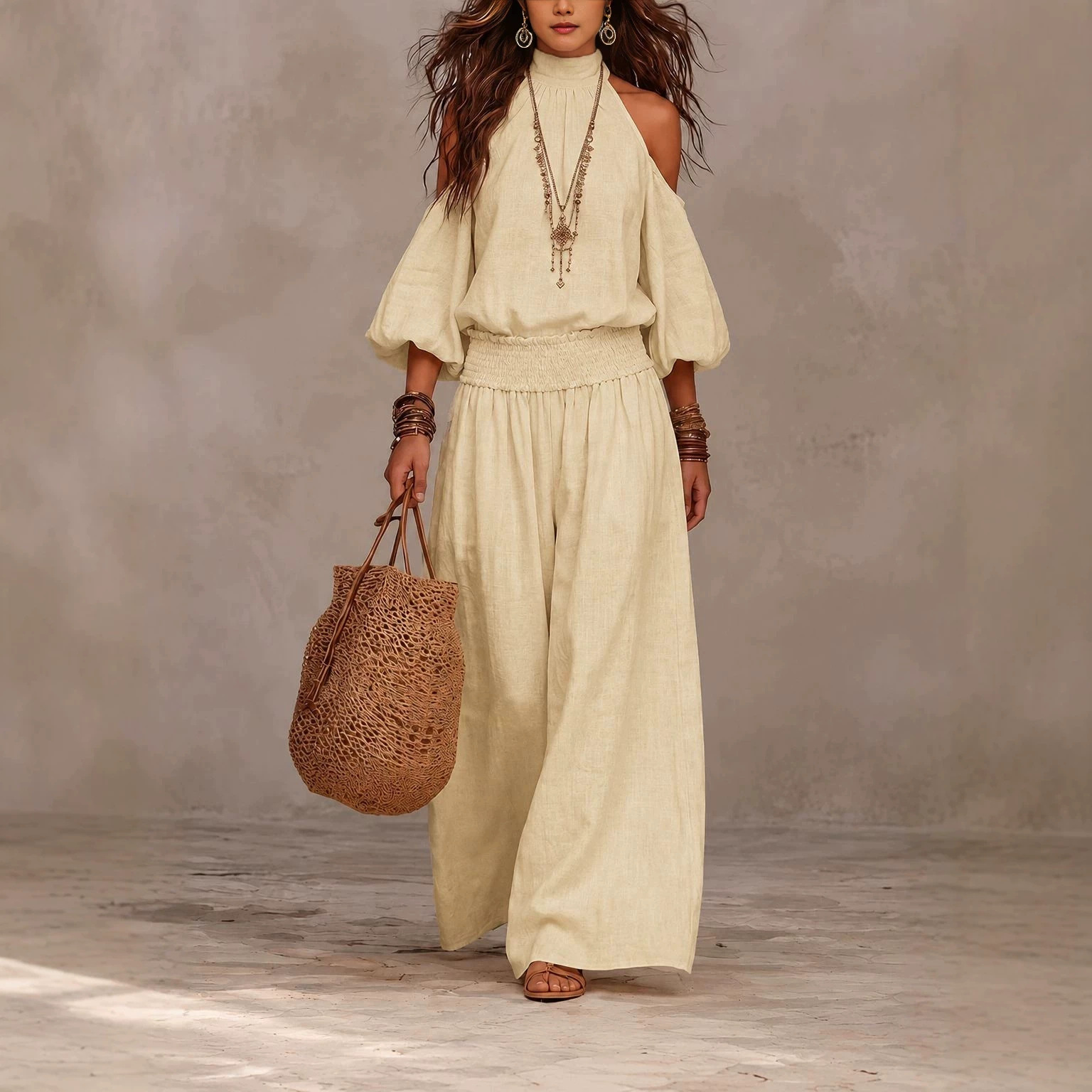 Women's Casual Crewneck Long Sleeve Cutout Top and Smocked Wide-Leg Pants Set