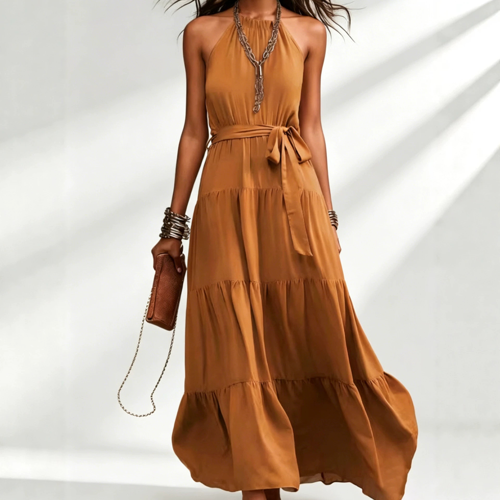 Women's Open-Back Tie-Waist A-Line Long Dress