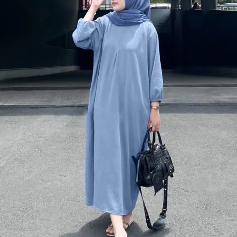 Women's Puff Sleeve Solid Color Long Dress with Tie Belt