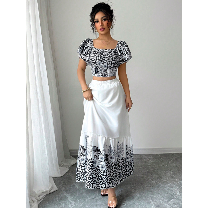 Women's Summer Floral Print A-Line Two-Piece Skirt Set