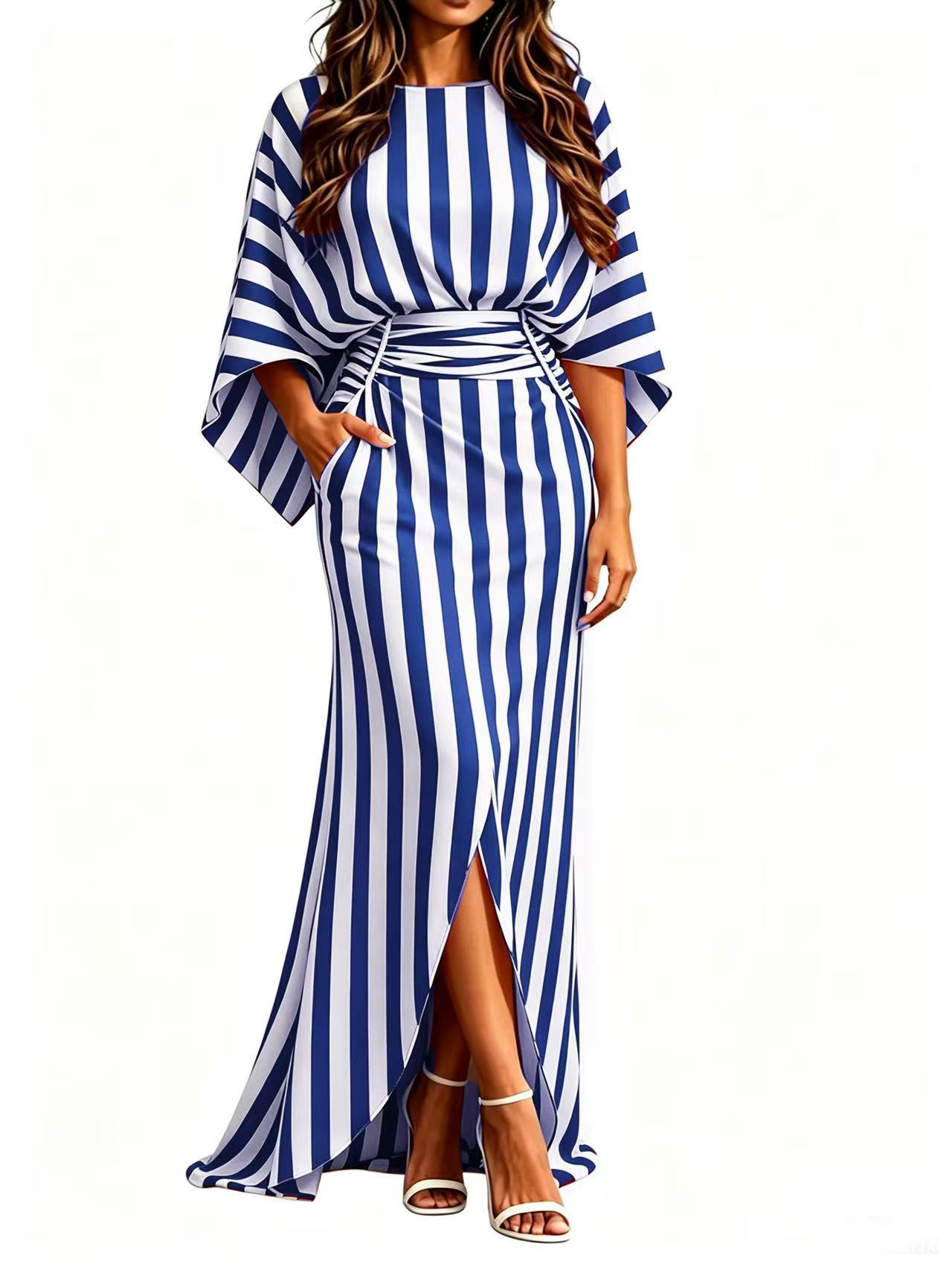 Striped Elegant Waist-Cinching Pleated Long Dress with Pockets