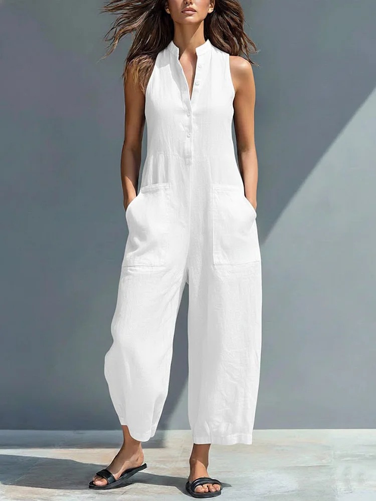 Women's Linen-Blend Button-Front Sleeveless Wide-Leg Jumpsuit