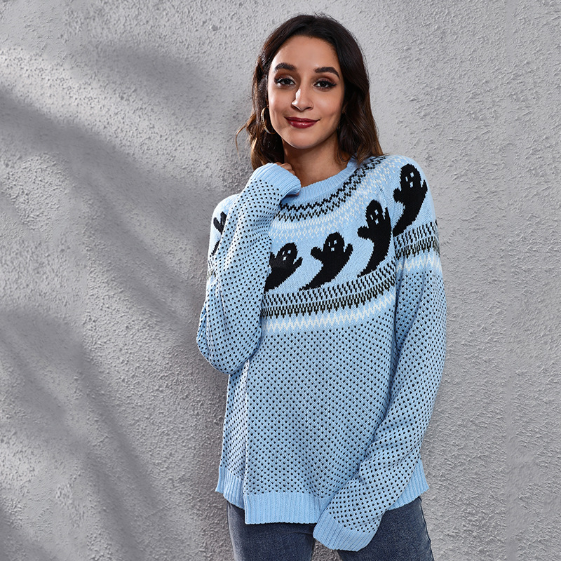 Halloween Ghost Polka Dot Long Sleeve Knit Sweater Women Loose Fit