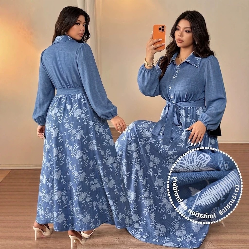 Floral Print Long Sleeve Maxi Dress with Waist Tie and Flared Skirt