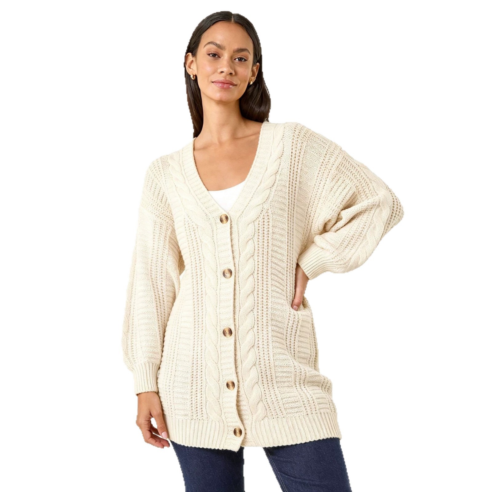 Women's Plus Size Solid Knit Cardigan V-Neck Lantern Sleeve Loose Fit