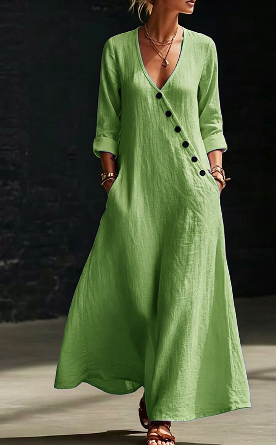 Women's V-Neck Button-Front A-Line Maxi Dress