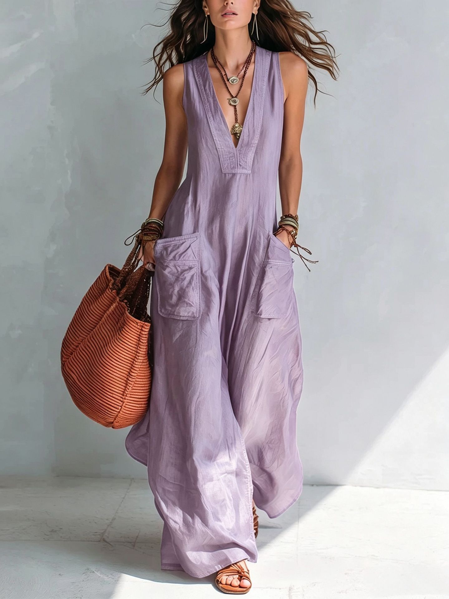 Sleeveless V-Neck Wide-Leg Jumpsuit with Pockets