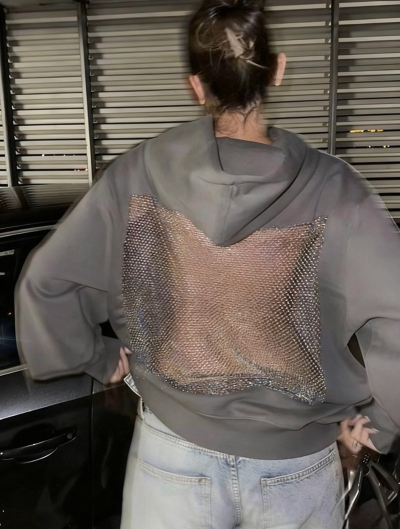 Women's Solid Color Open Back Cutout Mesh Hoodie Sweatshirt