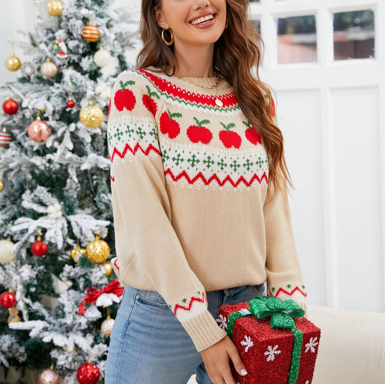 Christmas Tree Print Pullover Sweater for Women