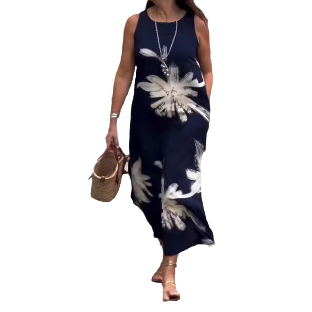 Floral Print Round Neck Sleeveless Pocket Maxi Dress