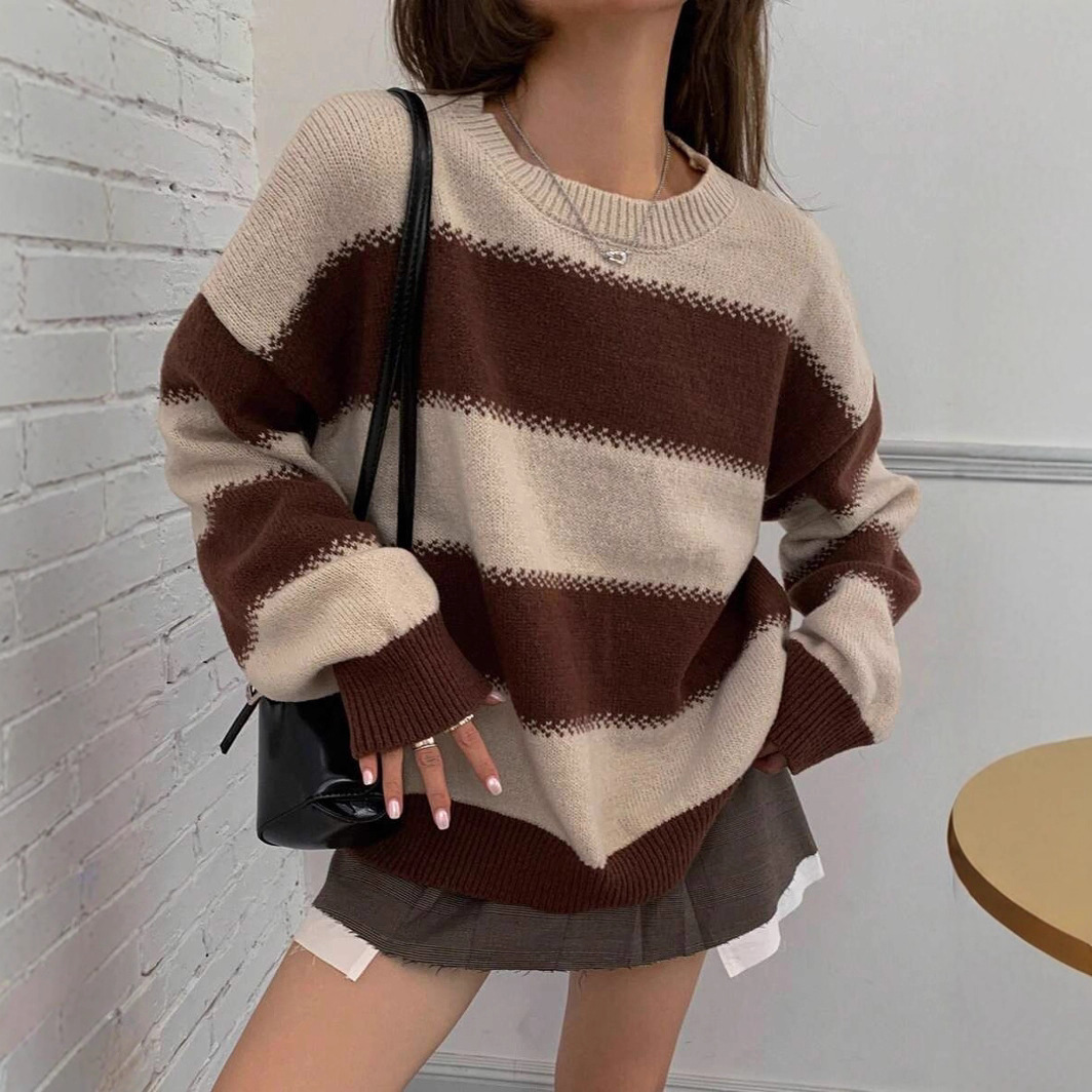 Striped Color-Block Long-Sleeve Knit Sweater Women's Crewneck Pullover