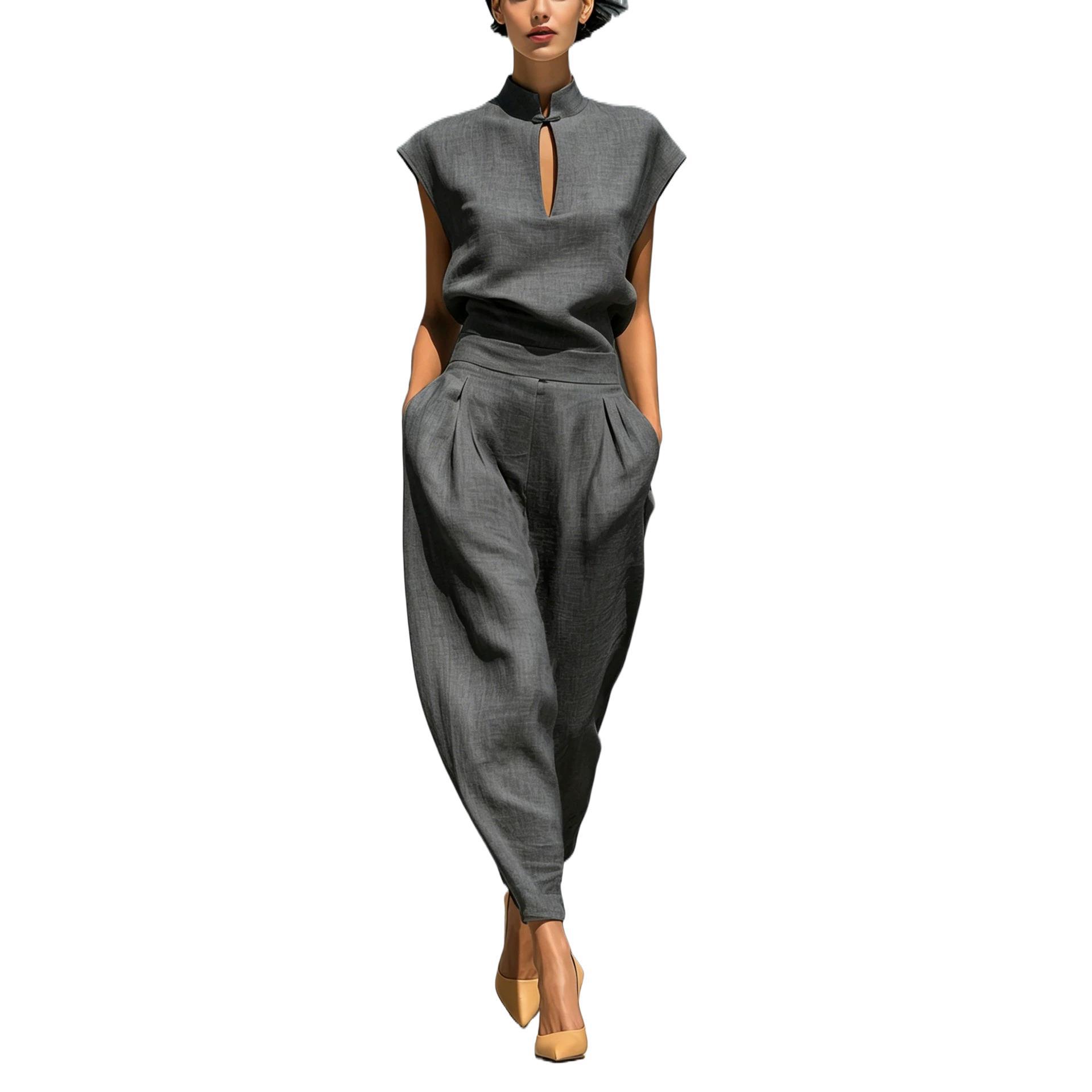 Elegant Women's Stand-Collar Cutout Top and High-Waist Barrel Pants Set