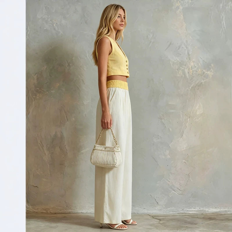 Retro Yellow Sleeveless Vest and Off-White Wide-Leg Pants Set