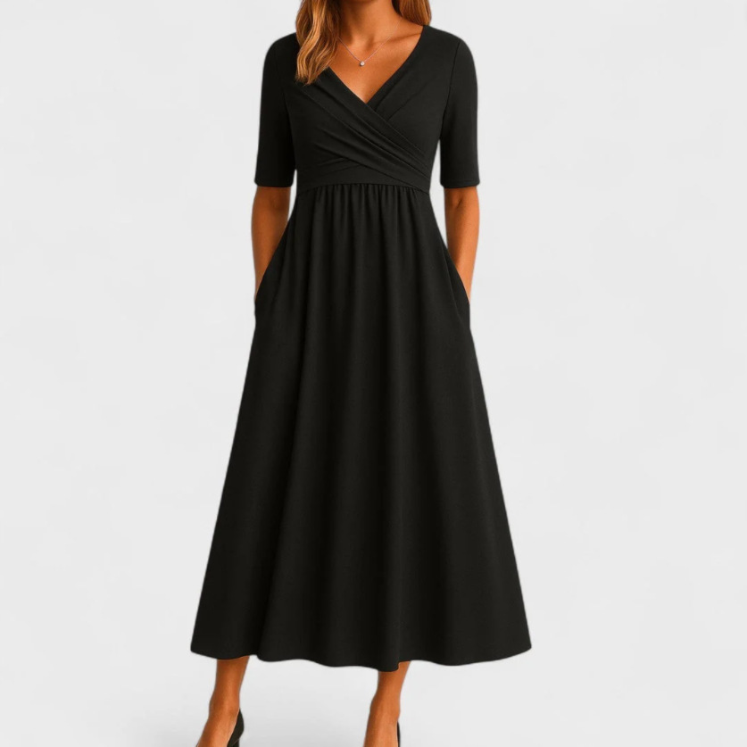 Women's Elegant Solid V-Neck Midi Sleeve Maxi Dress