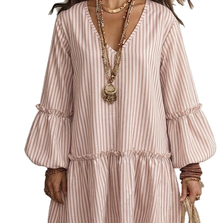 Women's Striped Print V-Neck Lantern Sleeve Loose Short Dress