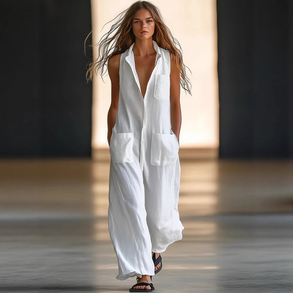 Women's Casual Sleeveless Button-Front Wide-Leg Jumpsuit with Pockets