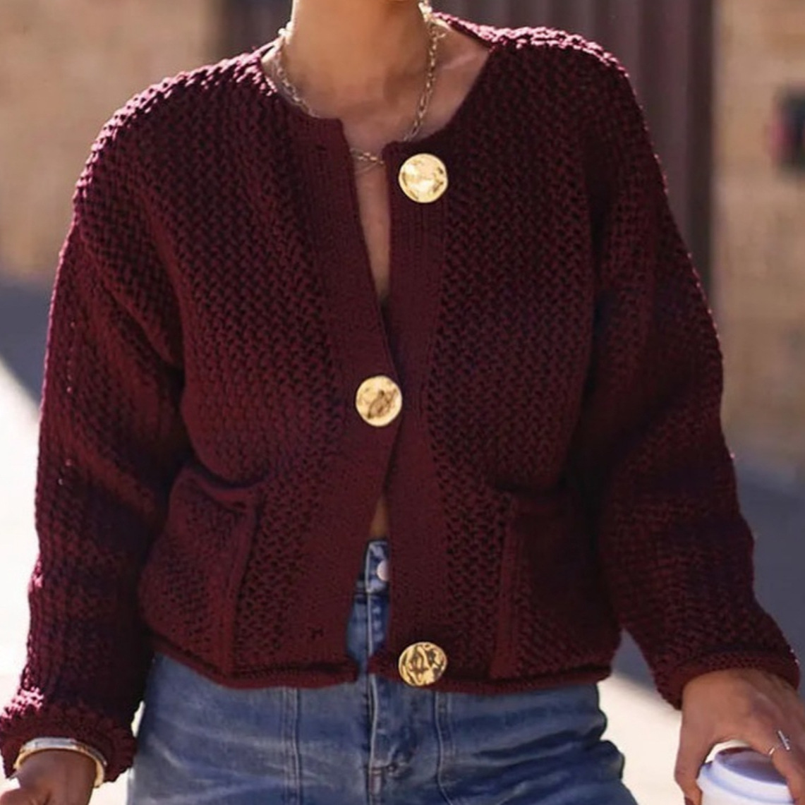 Women's Solid Color Button-Up Knit Cardigan with Pockets Crew Neck Long Sleeve Chunky Sweater Coat