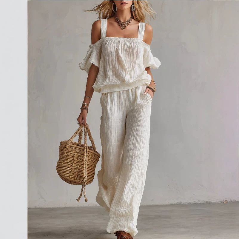 Minimalist White Tee & Wide-Leg Pants Set, Crinkled Polyester