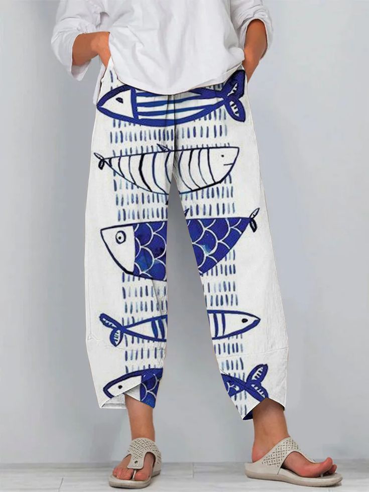 Women's Striped Fish Print Jogger Pants Casual Tapered-Leg