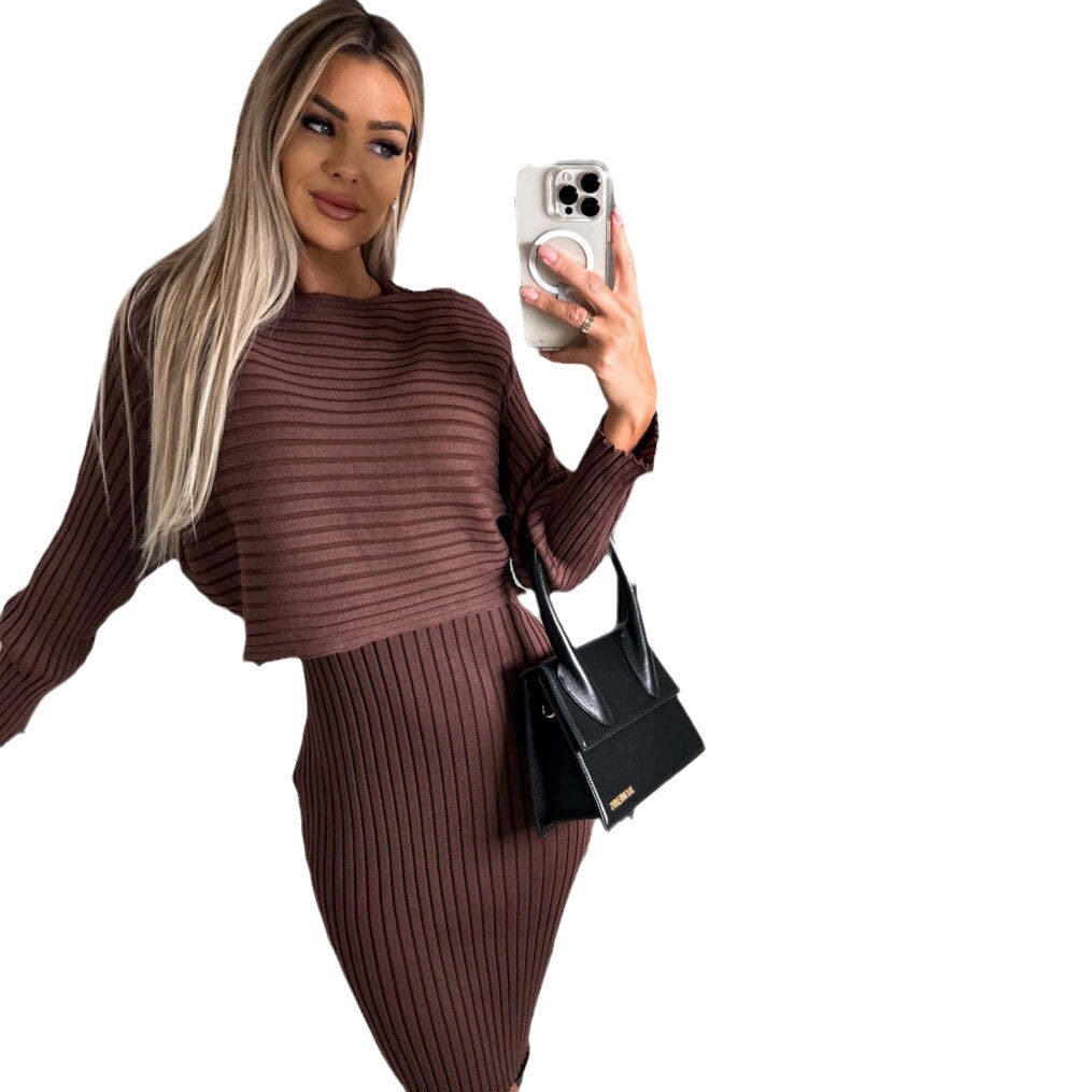 Women's Ribbed Long Sleeve Top and Cami Dress Set