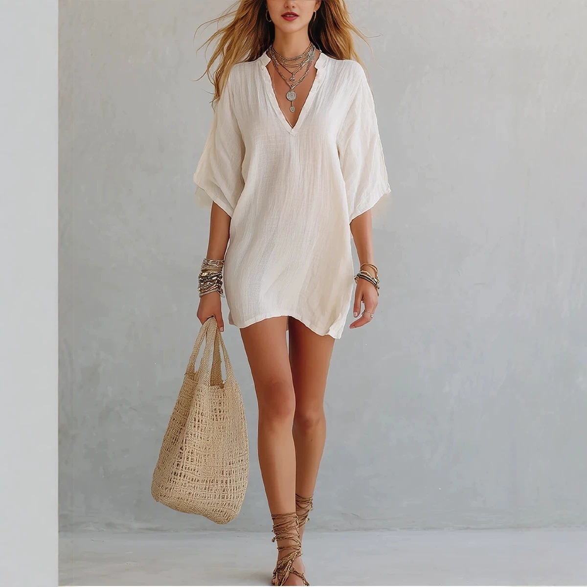 Lightweight Cotton-Linen V-Neck Short Sleeve Midi Dress with Slit