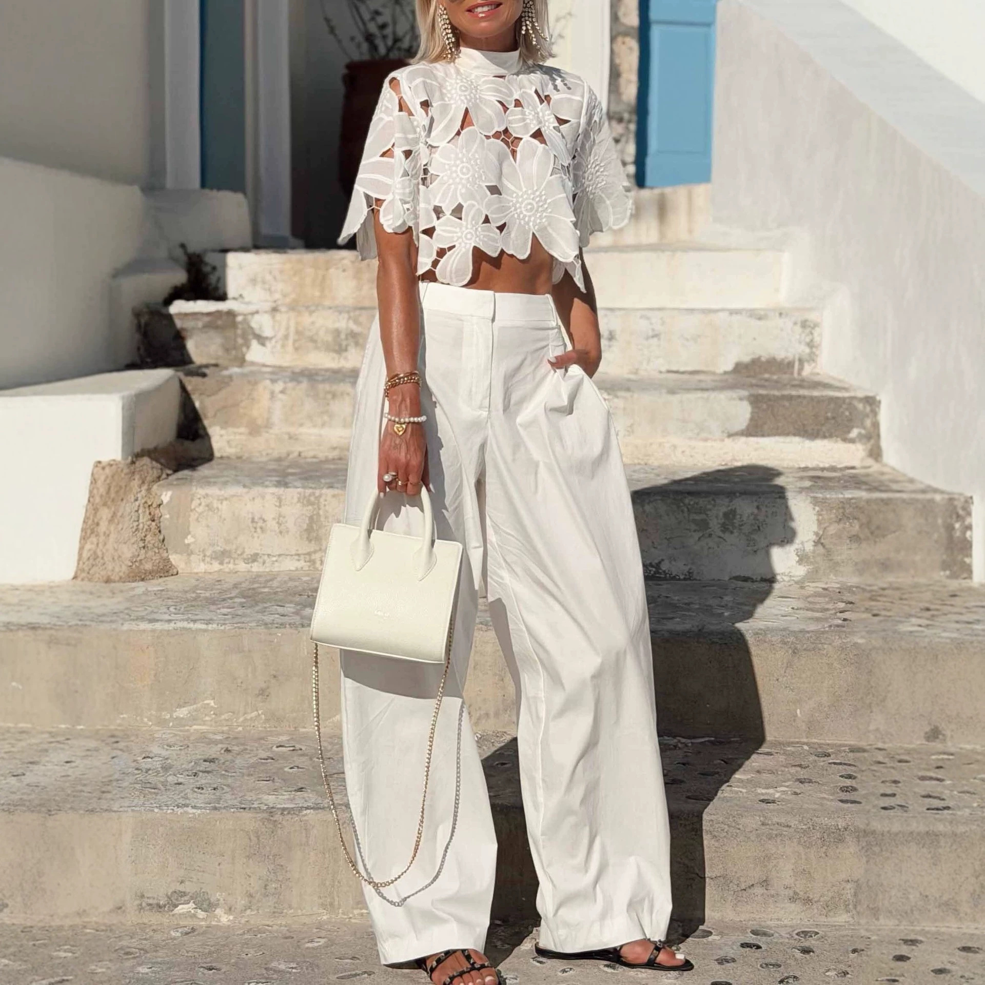 Women's Lace Hollow-Out Top and Wide-Leg Pants Set