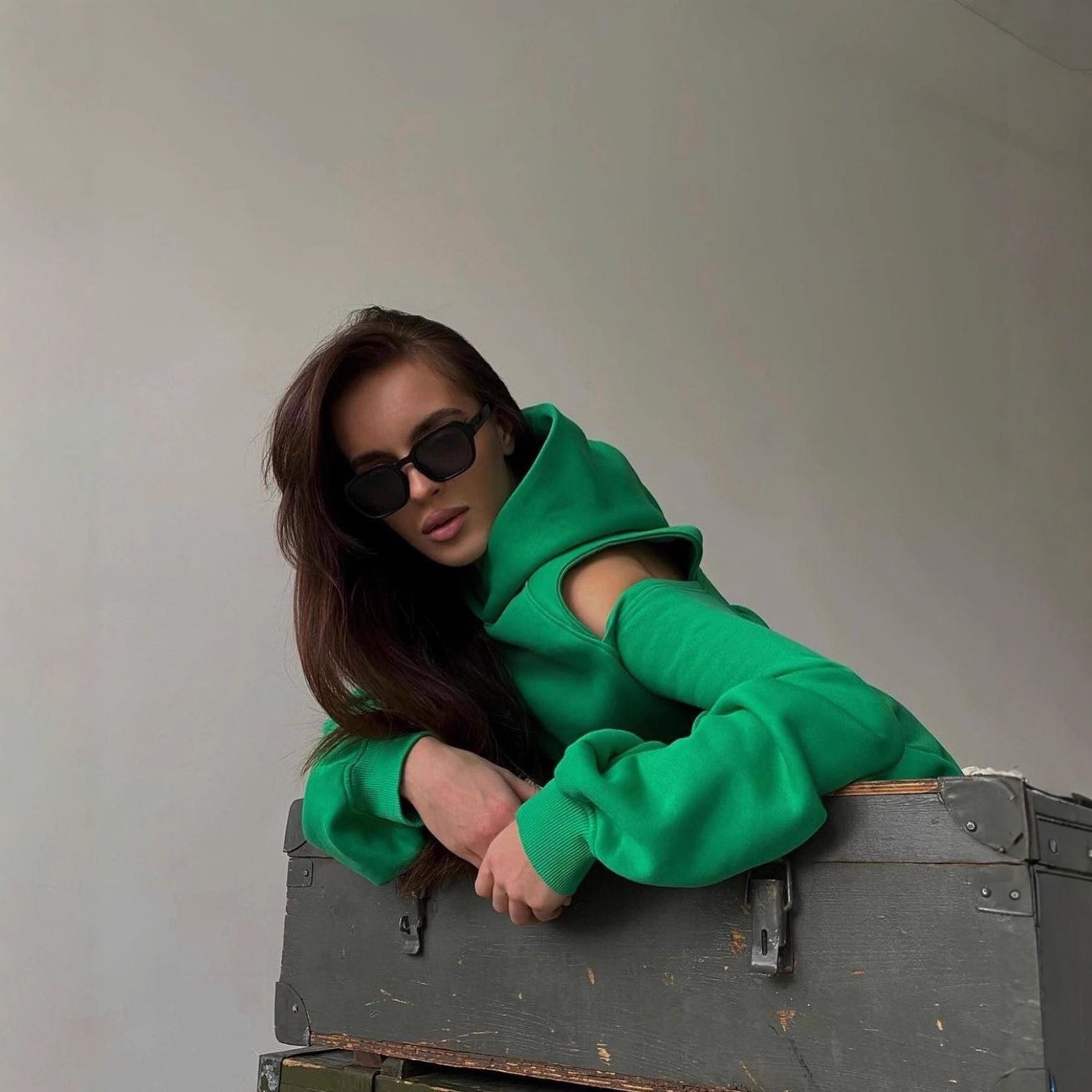 Solid Color Hooded Pullover Sweatsuit with Cold Shoulder Cutouts